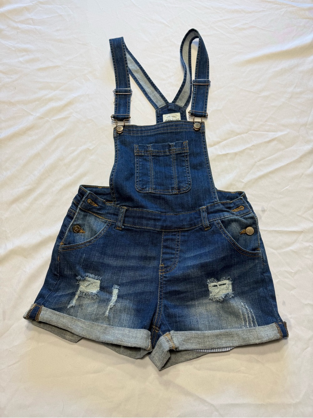 Wax Jean Dark Blue Distressed Denim Short Overalls